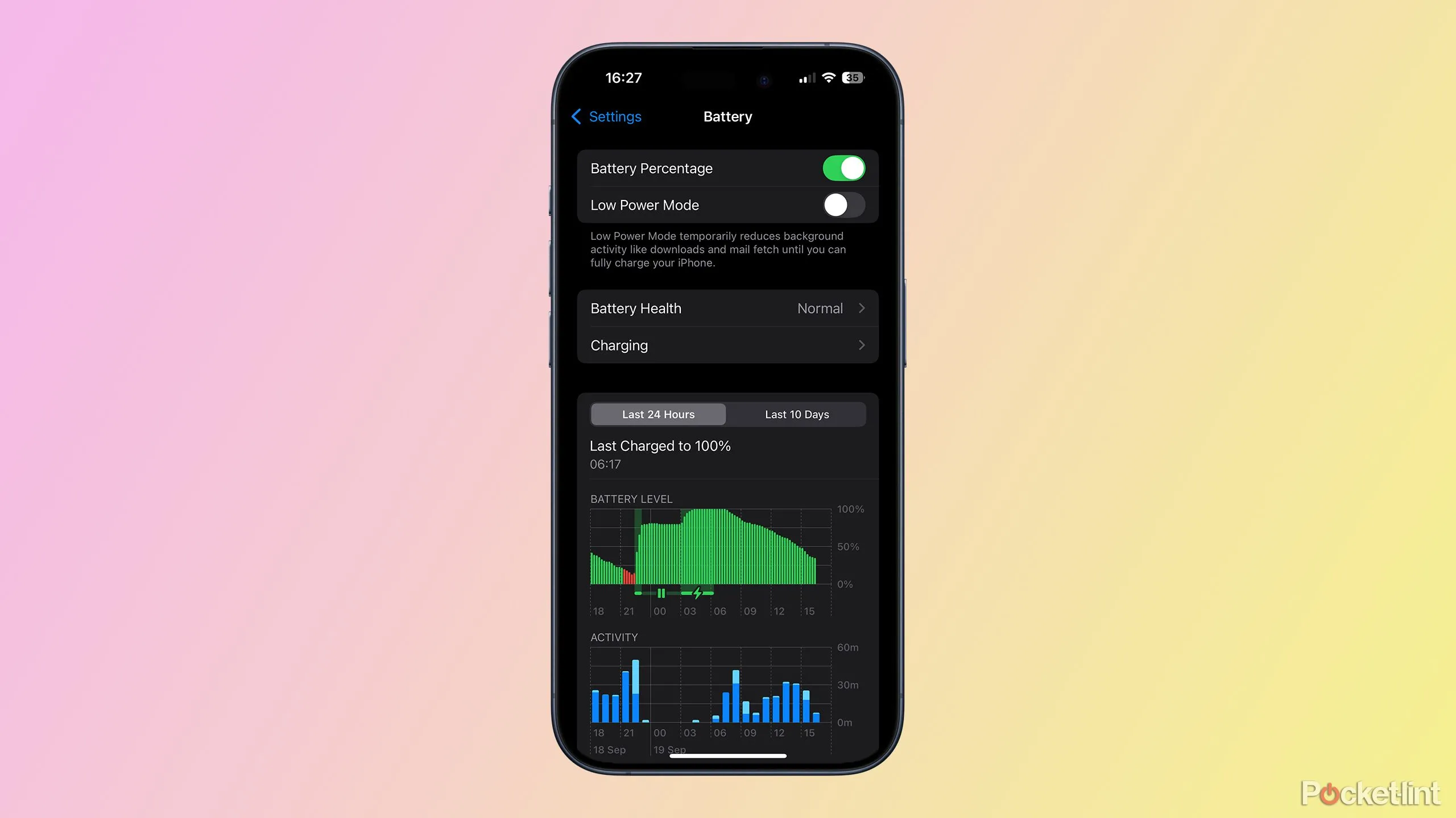 Giao diện cài đặt pin trên iOS 18 hiển thị tính năng Sạc pin tối ưu
