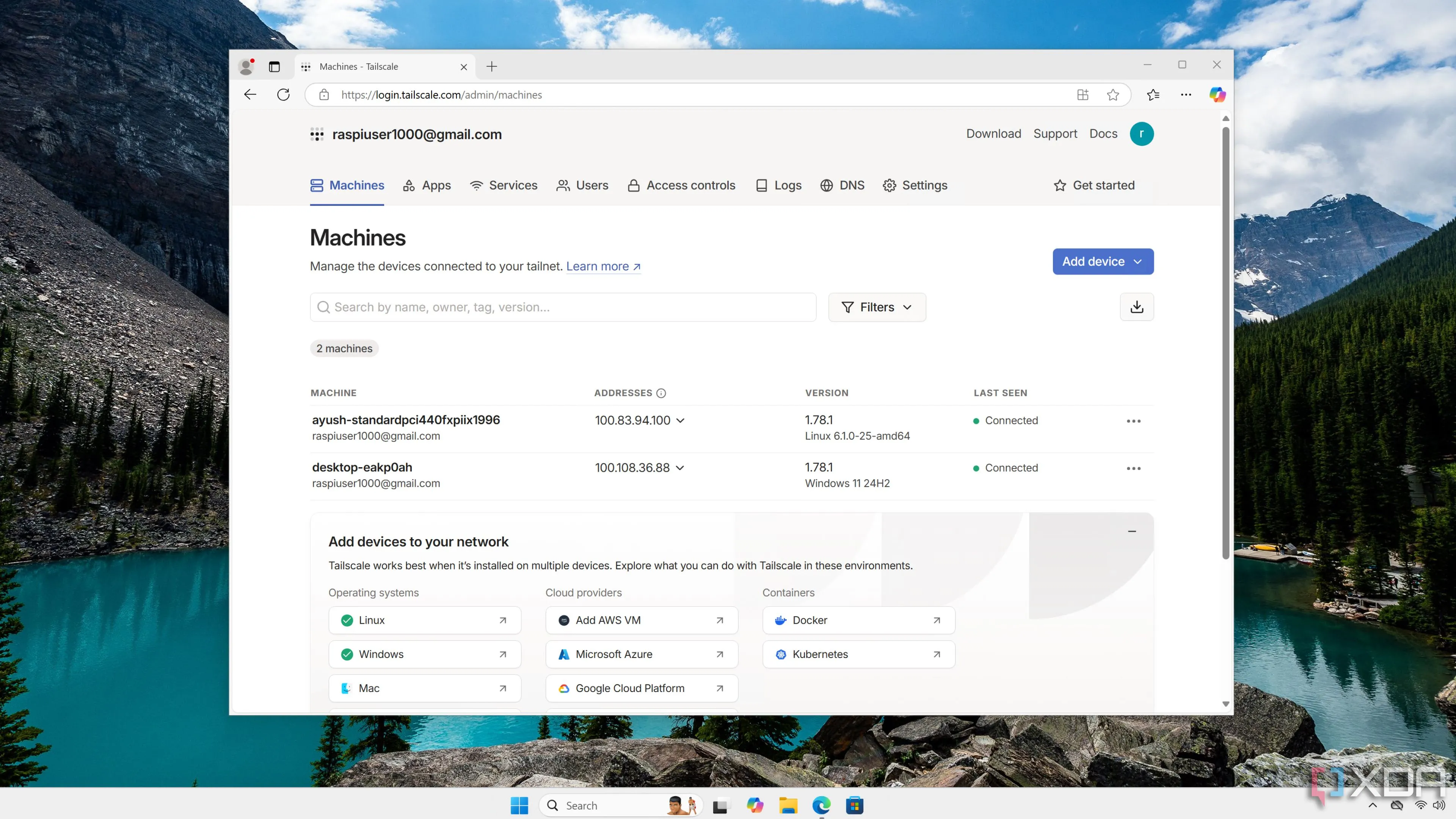 Giao diện quản lý web của Tailscale hiển thị danh sách các thiết bị (nodes)