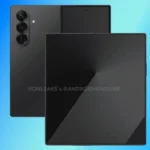 Hình ảnh render rò rỉ điện thoại gập Galaxy Z Fold 7 trên nền xanh.
