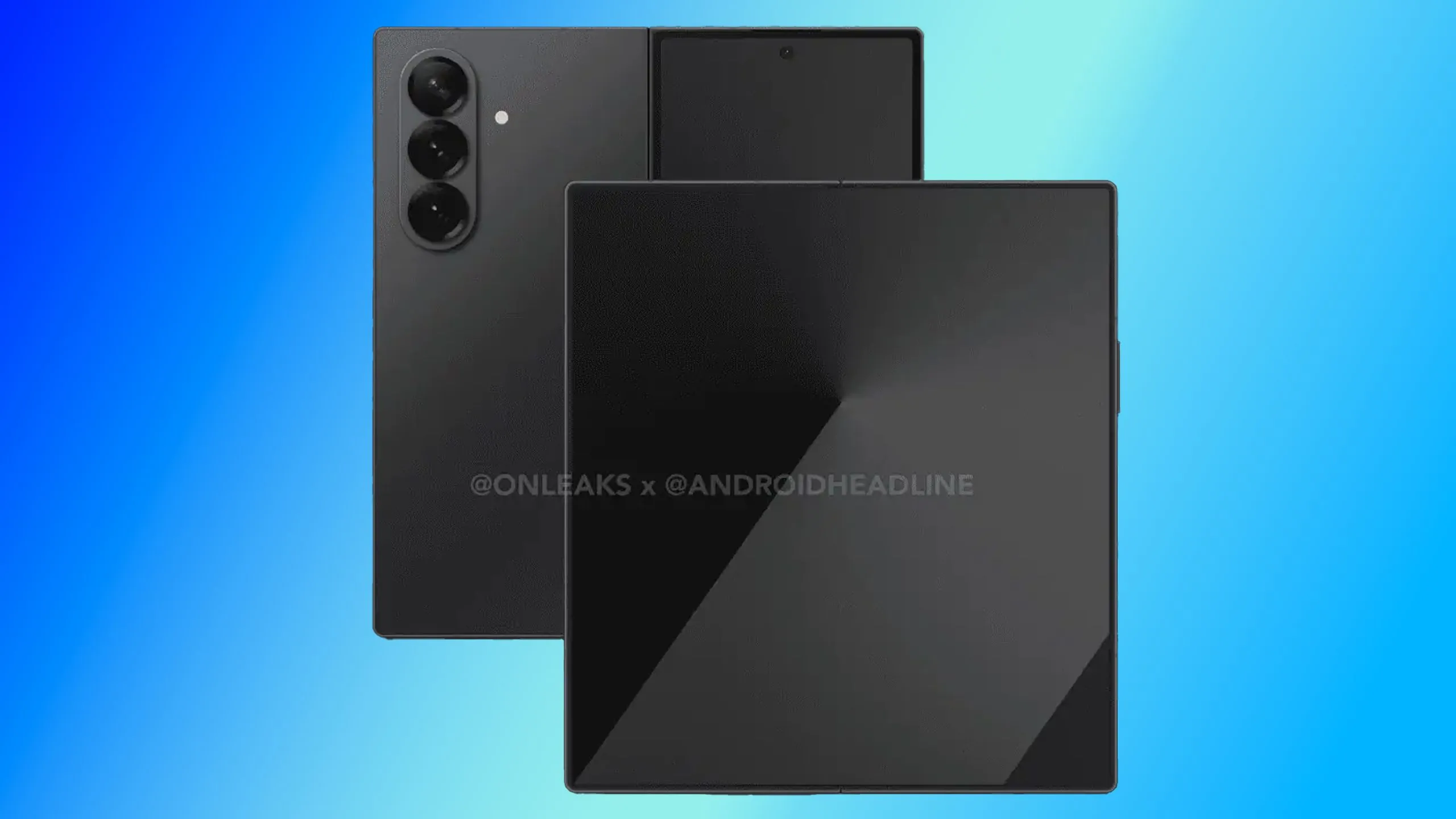 Hình ảnh render rò rỉ điện thoại gập Galaxy Z Fold 7 trên nền xanh.