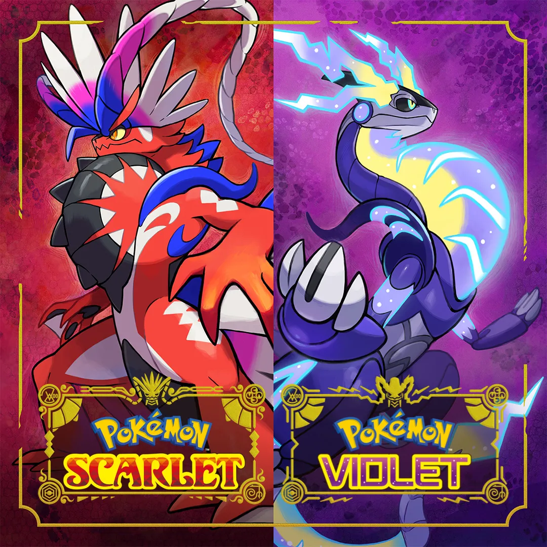 Hình ảnh sản phẩm game Pokémon Scarlet và Violet, với Koraidon và Miraidon ở hai bên