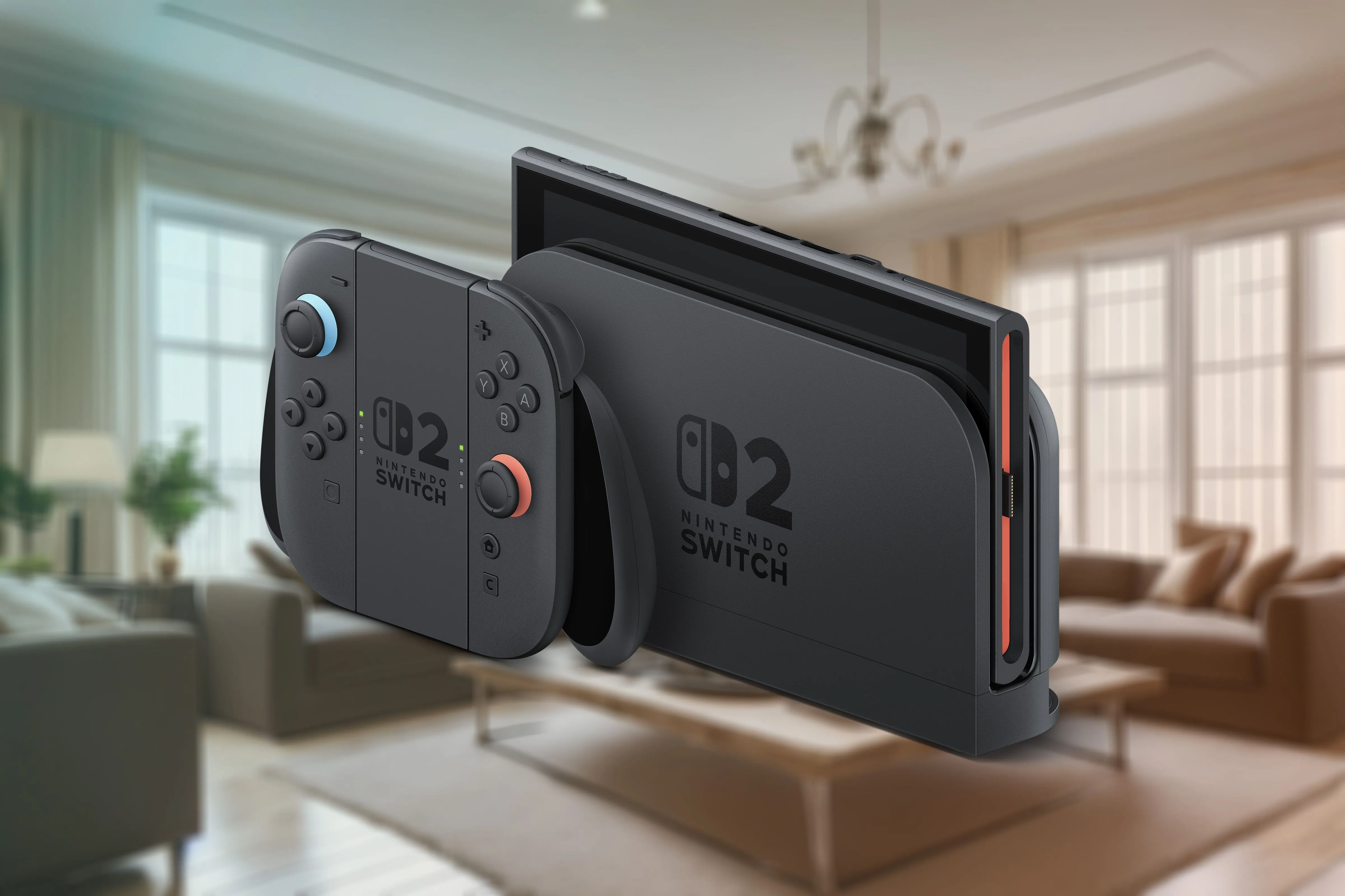 Máy chơi game Nintendo Switch 2 đặt trên dock, kèm theo hai tay cầm Joy-Con 2 cắm vào bộ grip, phông nền phòng khách