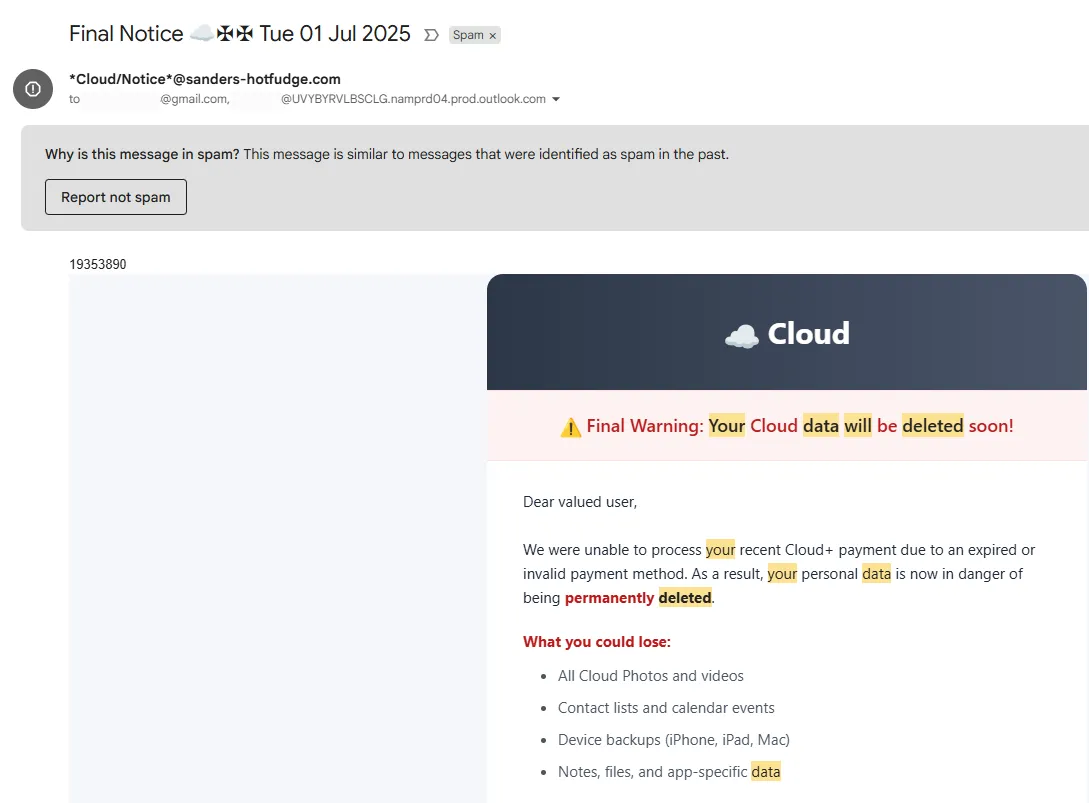 Ảnh chụp màn hình phần đầu email lừa đảo, làm nổi bật địa chỉ người gửi không hợp lệ và mã số lạ.