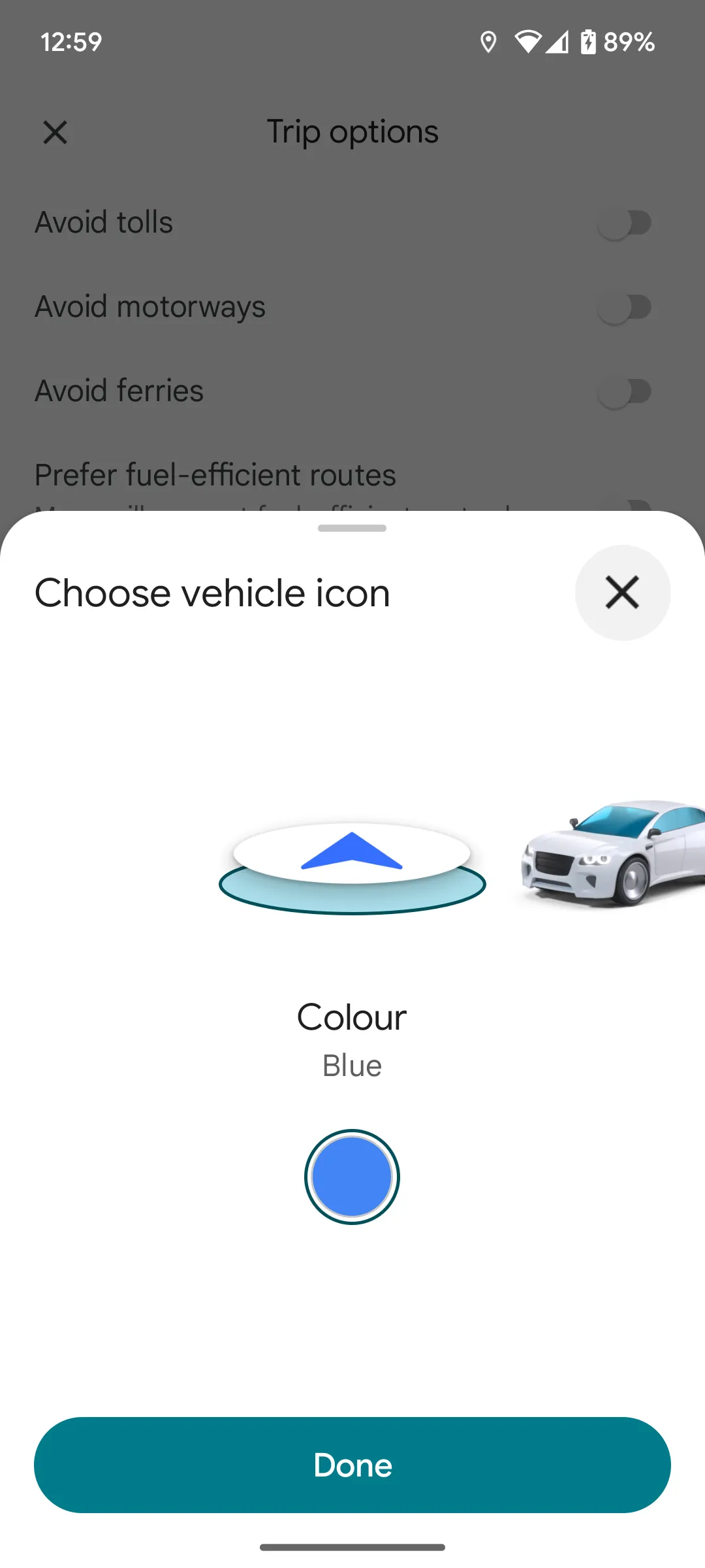 Các biểu tượng xe mặc định và biểu tượng xe mới đa dạng trong Google Maps, thể hiện tùy chọn cá nhân hóa.