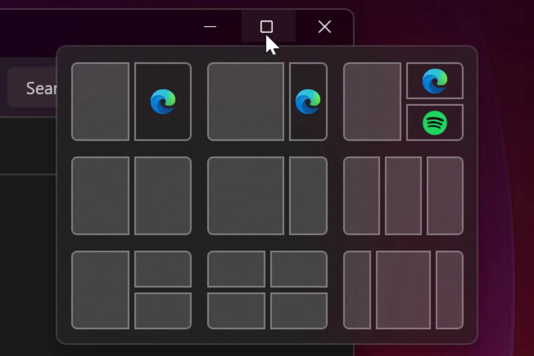 Các tùy chọn bố cục Snap Layouts đa dạng của Windows 11 hiển thị khi di chuột vào nút phóng to cửa sổ
