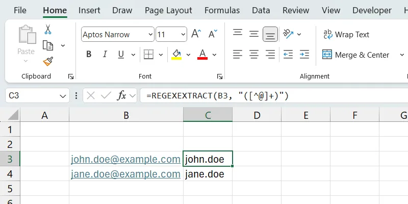 Cách dùng hàm REGEXEXTRACT để trích xuất tên người dùng từ địa chỉ email trong Excel
