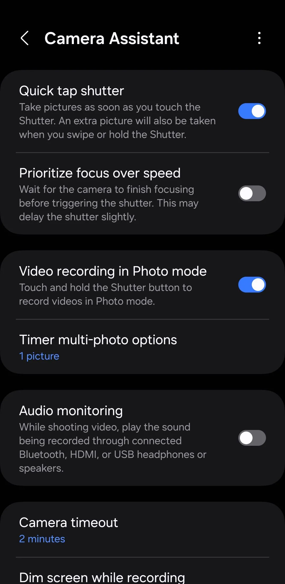Cài đặt Camera Assistant trên điện thoại Samsung, hiển thị tùy chọn Quick Tap Shutter.