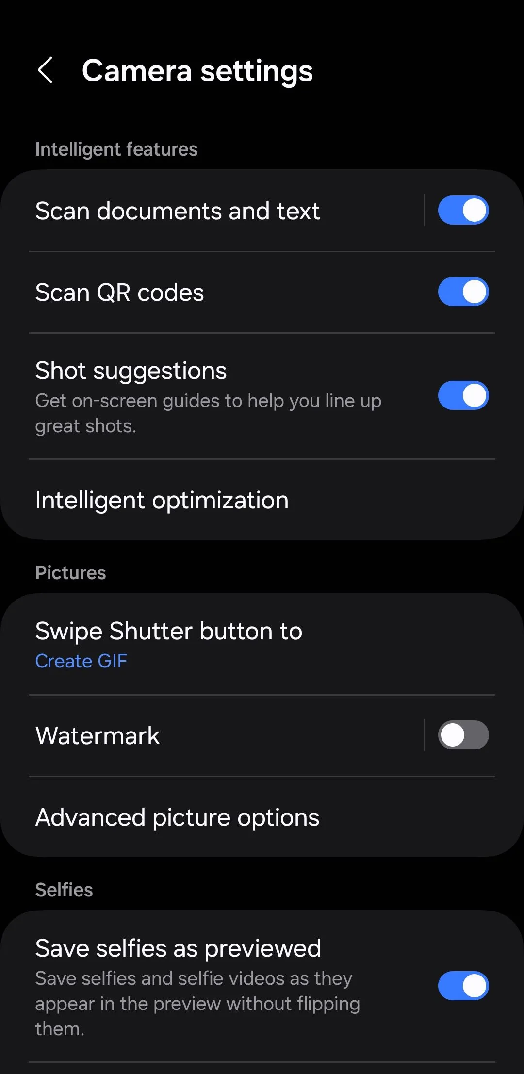 Cài đặt ứng dụng Camera Samsung trên điện thoại Galaxy, hiển thị tùy chọn Tối ưu khung cảnh (Scene Optimizer).