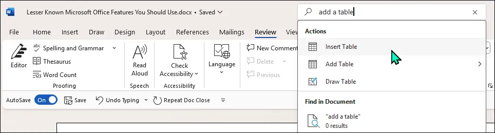 Chức năng tìm kiếm thông minh Microsoft Search trong ứng dụng Word trên Windows 11
