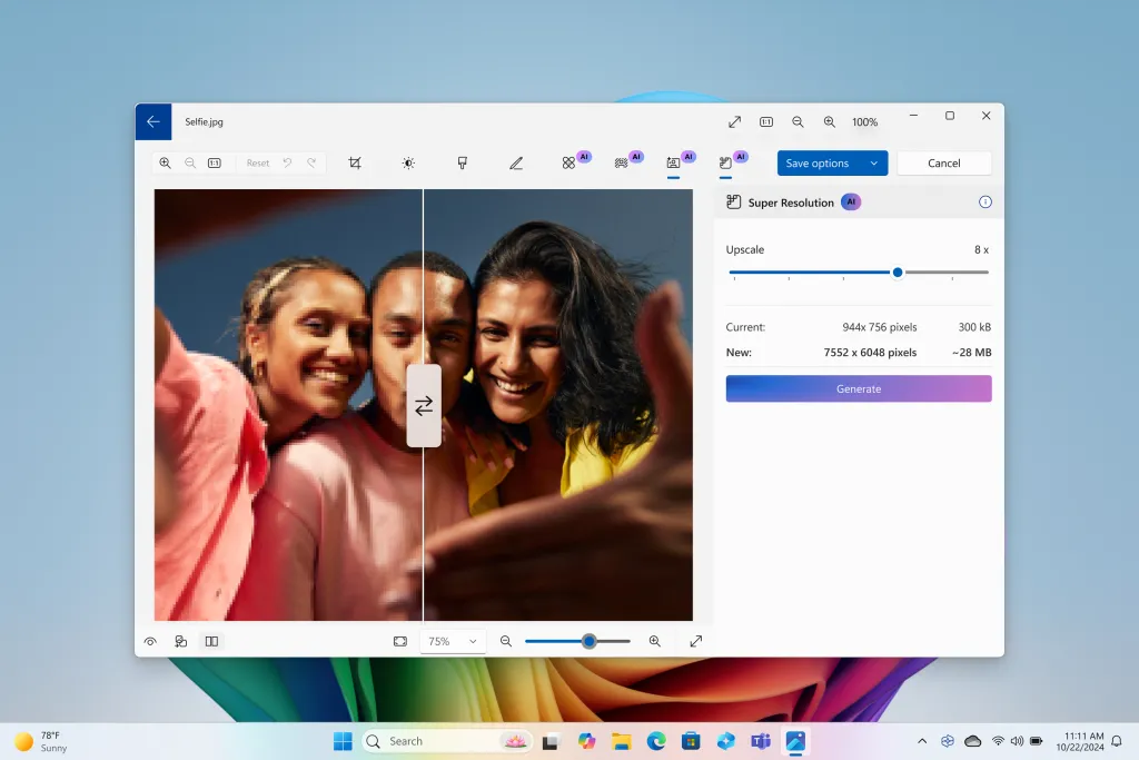 Công cụ Super Resolution AI trên ứng dụng Photos Microsoft Windows 11 cải thiện chất lượng ảnh selfie bằng cách nâng cấp độ phân giải