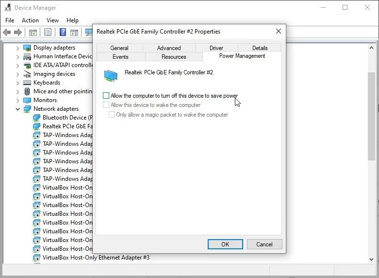 Cửa sổ Device Manager (Trình quản lý thiết bị) trên Windows 10, hiển thị các tùy chọn của bộ điều hợp mạng, nơi người dùng có thể điều chỉnh cài đặt nguồn để ngăn Wi-Fi bị ngắt kết nối không mong muốn.