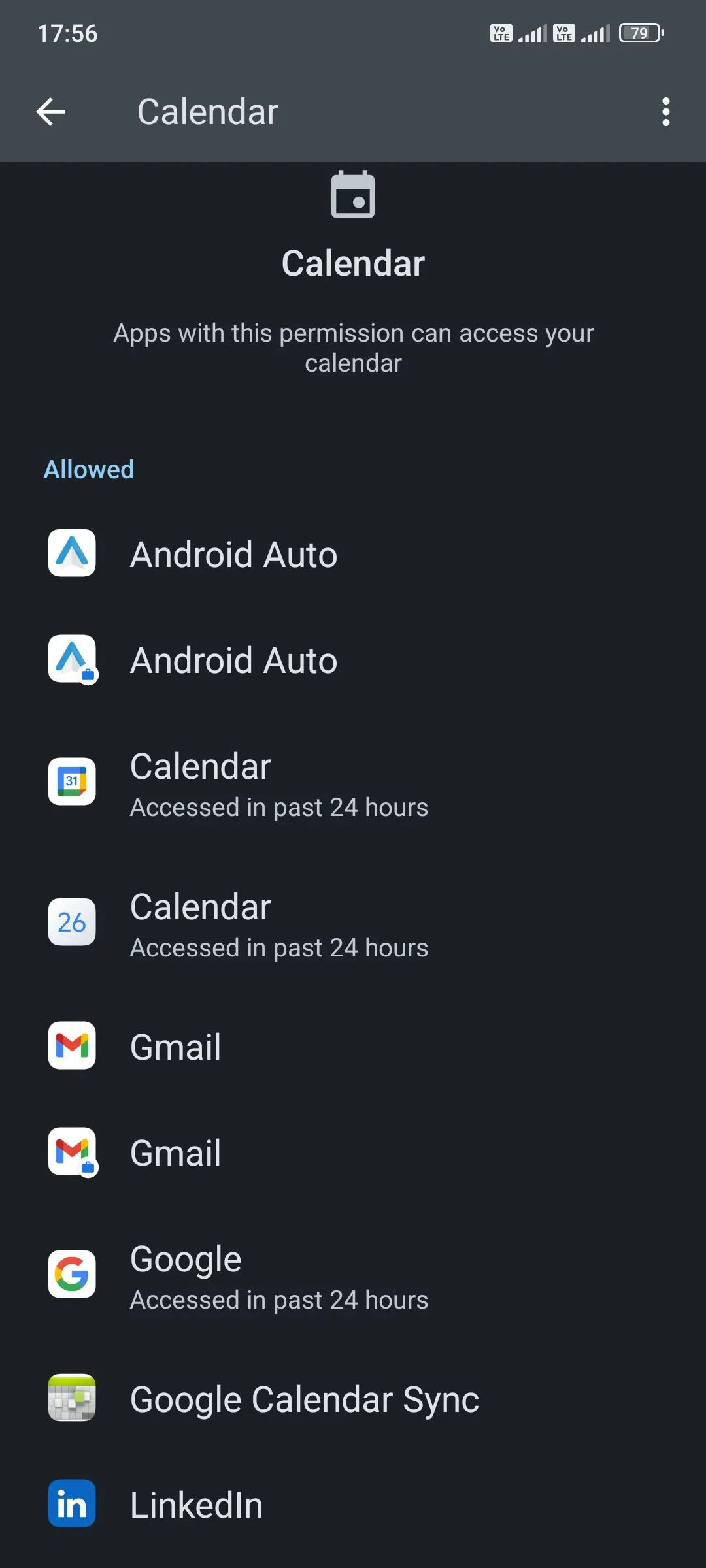 Danh sách các ứng dụng được phép truy cập lịch trên thiết bị Android, minh họa cách xem và tắt quyền truy cập