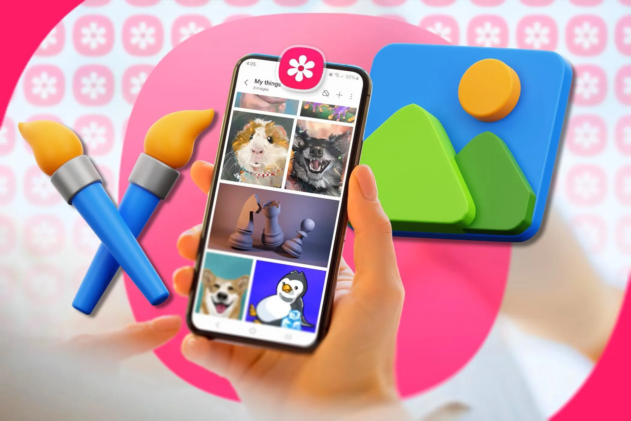 Điện thoại Samsung đang hiển thị ứng dụng Thư viện, minh họa việc chia sẻ ảnh và video chất lượng gốc thông qua Quick Share.
