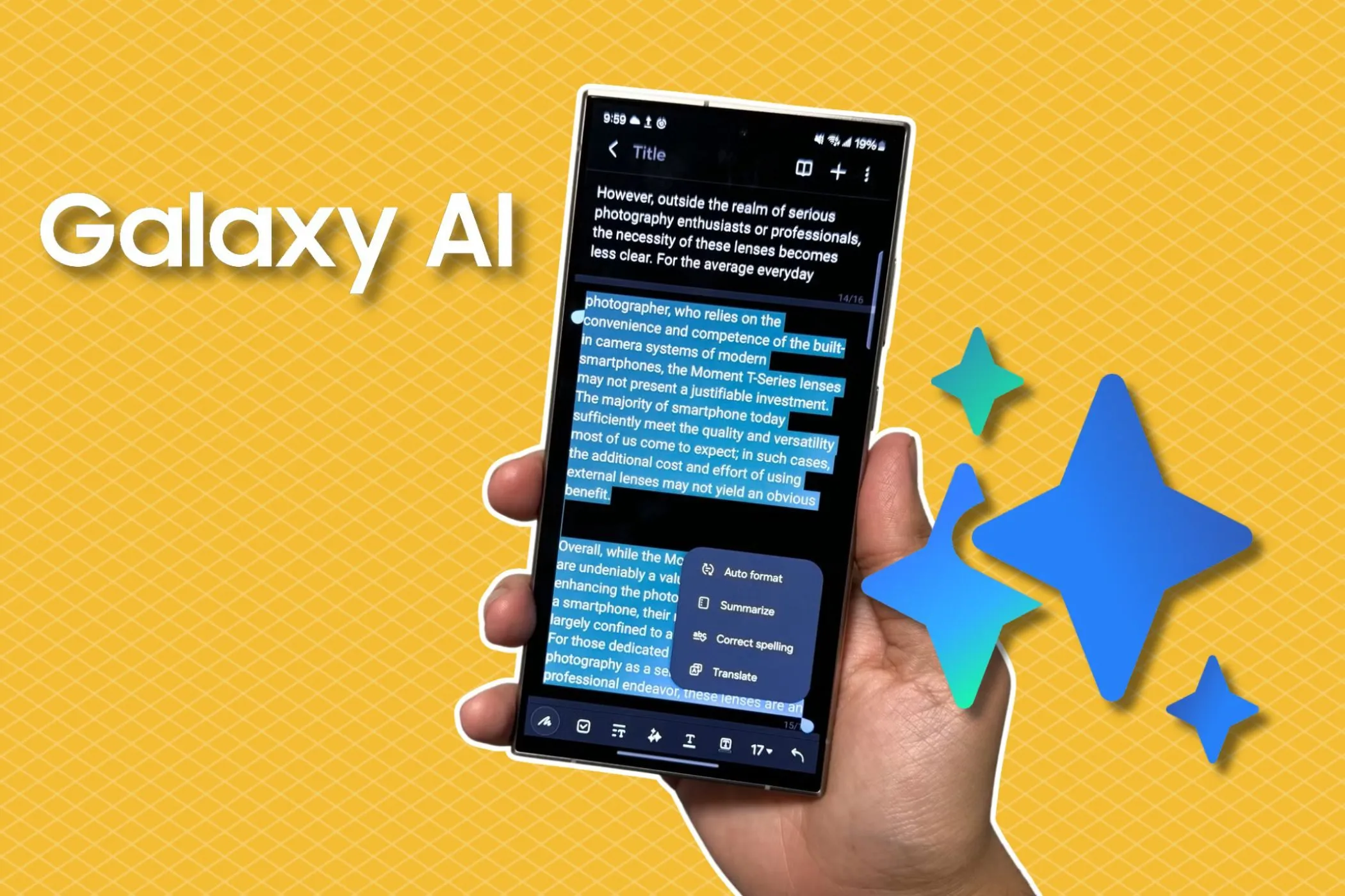Điện thoại Samsung Galaxy S24 Ultra với biểu tượng Galaxy AI nổi bật trên nền vàng gradient