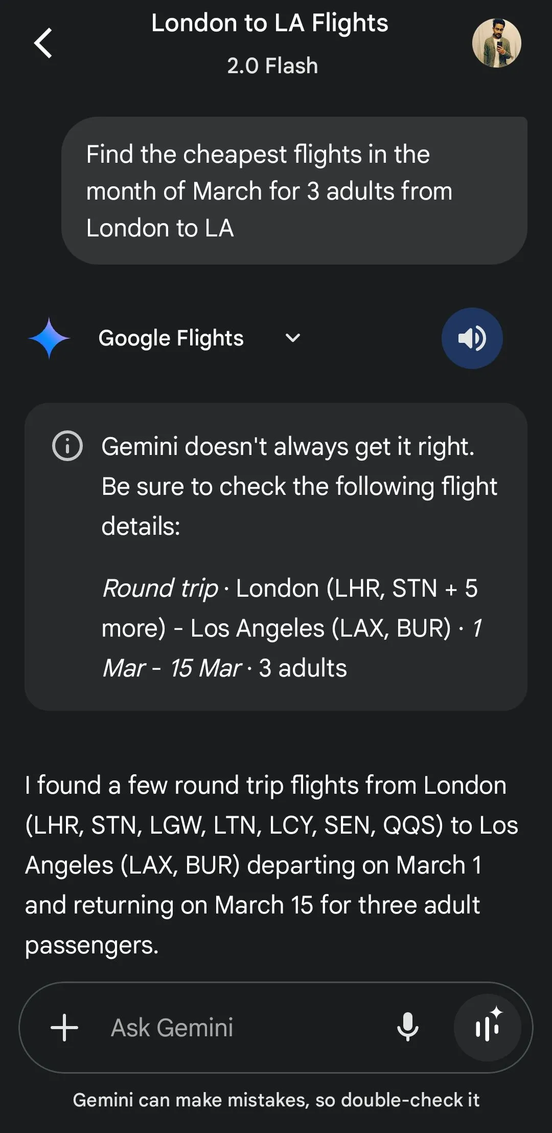 Gemini hiển thị thông tin chuyến bay từ Google Flights để hỗ trợ lập kế hoạch du lịch