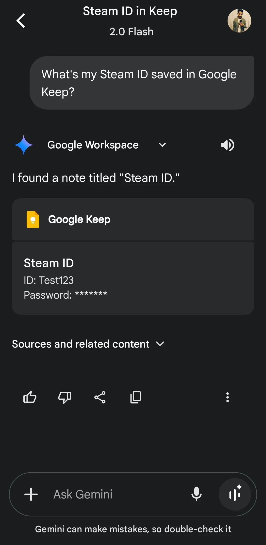 Gemini tìm kiếm thông tin về Steam ID từ ghi chú trong Google Keep