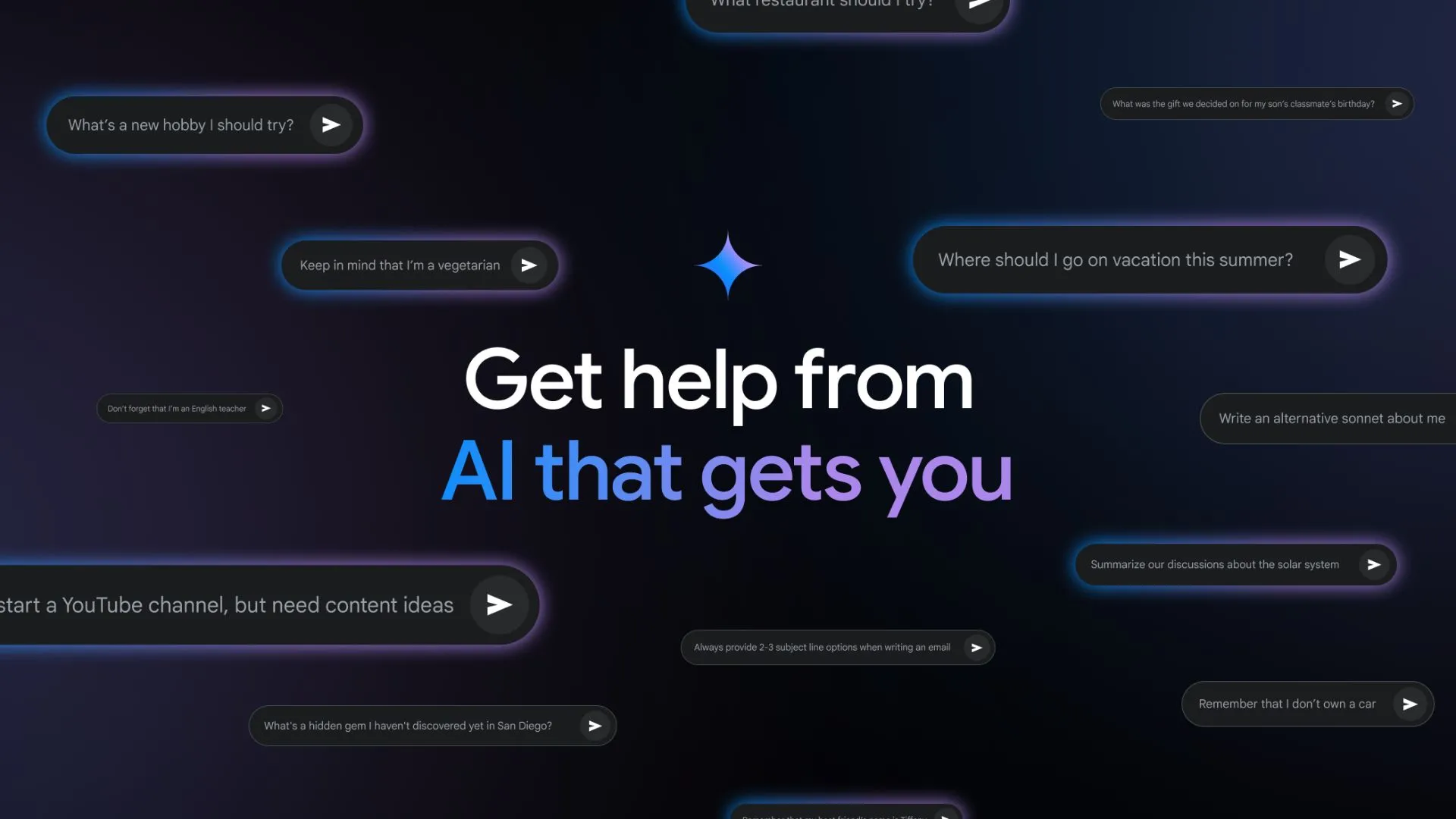 Giao diện Google Gemini với tính năng cá nhân hóa, gợi ý khả năng kết nối và xử lý thông tin từ lịch sử tìm kiếm người dùng.