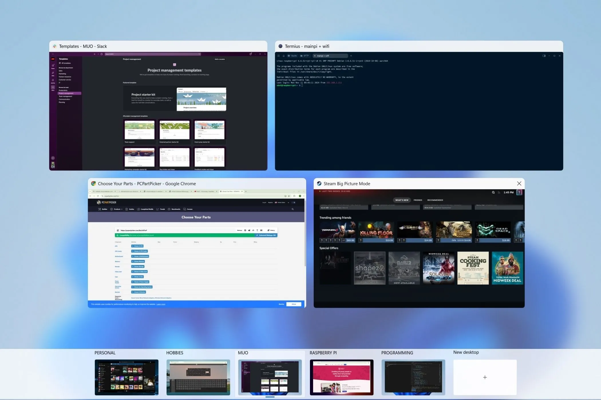 Giao diện Task View của Windows 11 hiển thị nhiều desktop ảo đang hoạt động, giúp người dùng dễ dàng chuyển đổi và quản lý các dự án khác nhau.