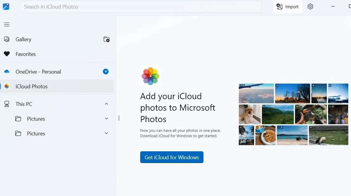 Giao diện tích hợp iCloud và OneDrive trong ứng dụng Photos Windows 11 cho phép đồng bộ ảnh đám mây một cách tiện lợi