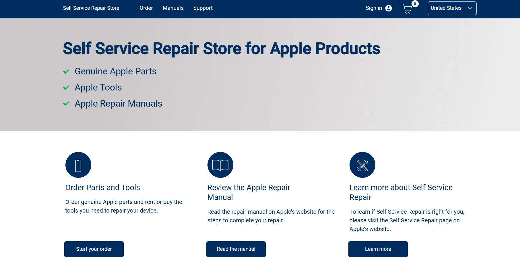Giao diện trang web Apple Self-Service Repair cung cấp linh kiện và hướng dẫn tự sửa chữa iPad
