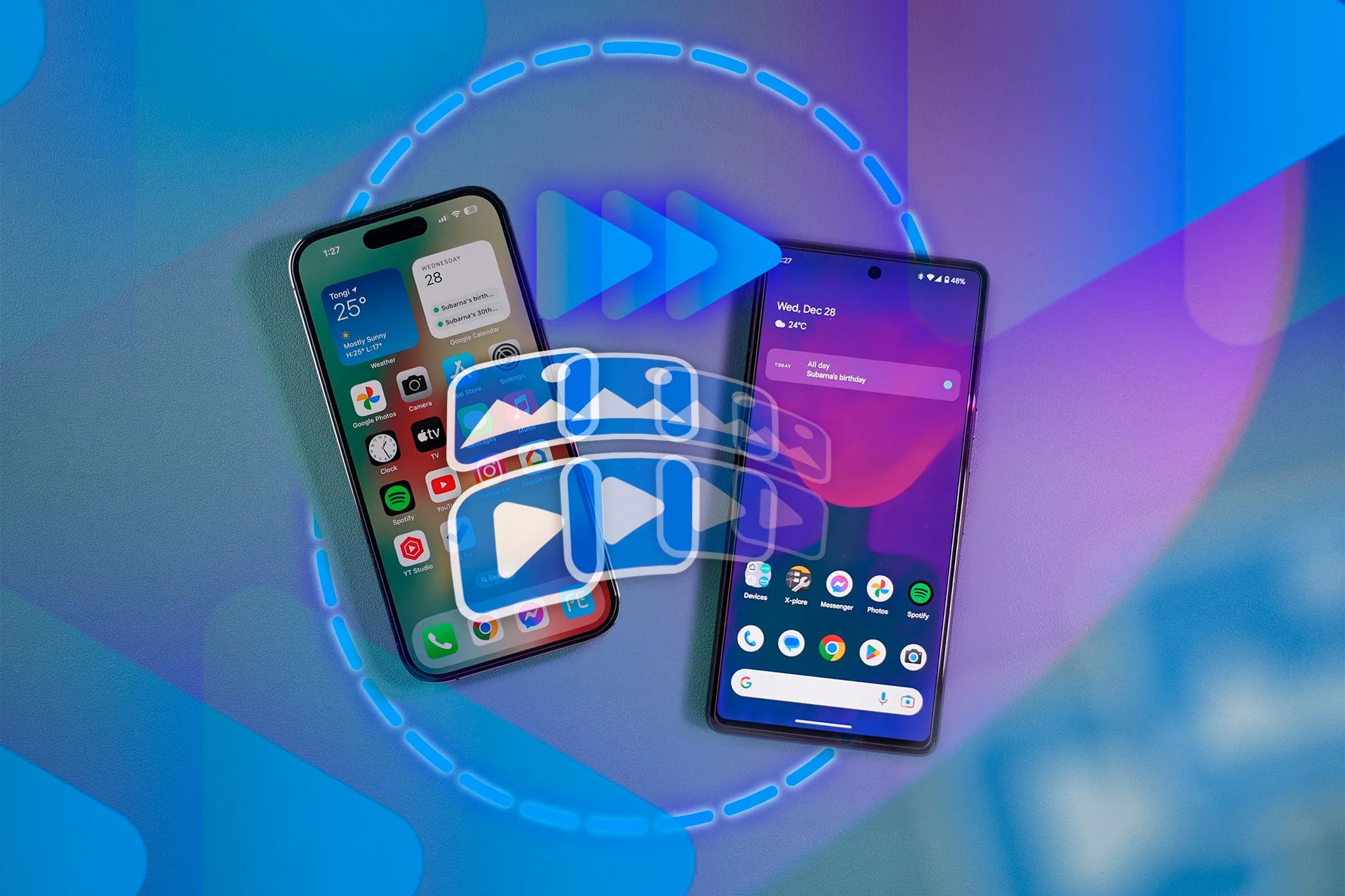 Hình ảnh minh họa quá trình truyền ảnh và video từ iPhone sang điện thoại Android, nhấn mạnh khả năng tương thích của Quick Share.
