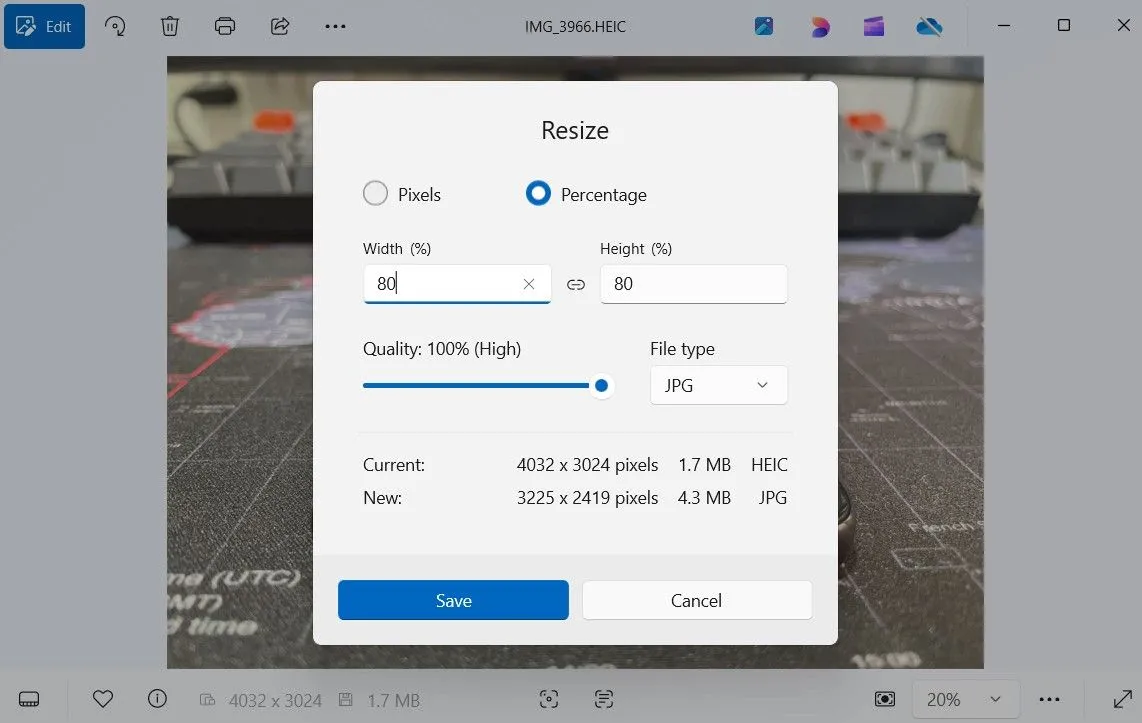 Hộp thoại thay đổi kích thước ảnh trong ứng dụng Photos Windows 11 giúp tối ưu dung lượng và chia sẻ dễ dàng