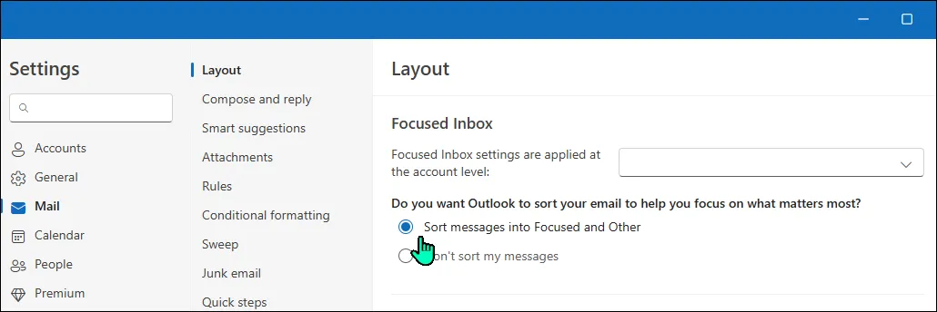 Hộp thư đến ưu tiên (Focused Inbox) đã được kích hoạt trong ứng dụng Outlook dành cho Windows