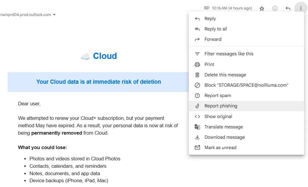 Hướng dẫn cách báo cáo email lừa đảo trên giao diện Gmail bằng nút &quot;Report phishing&quot;.
