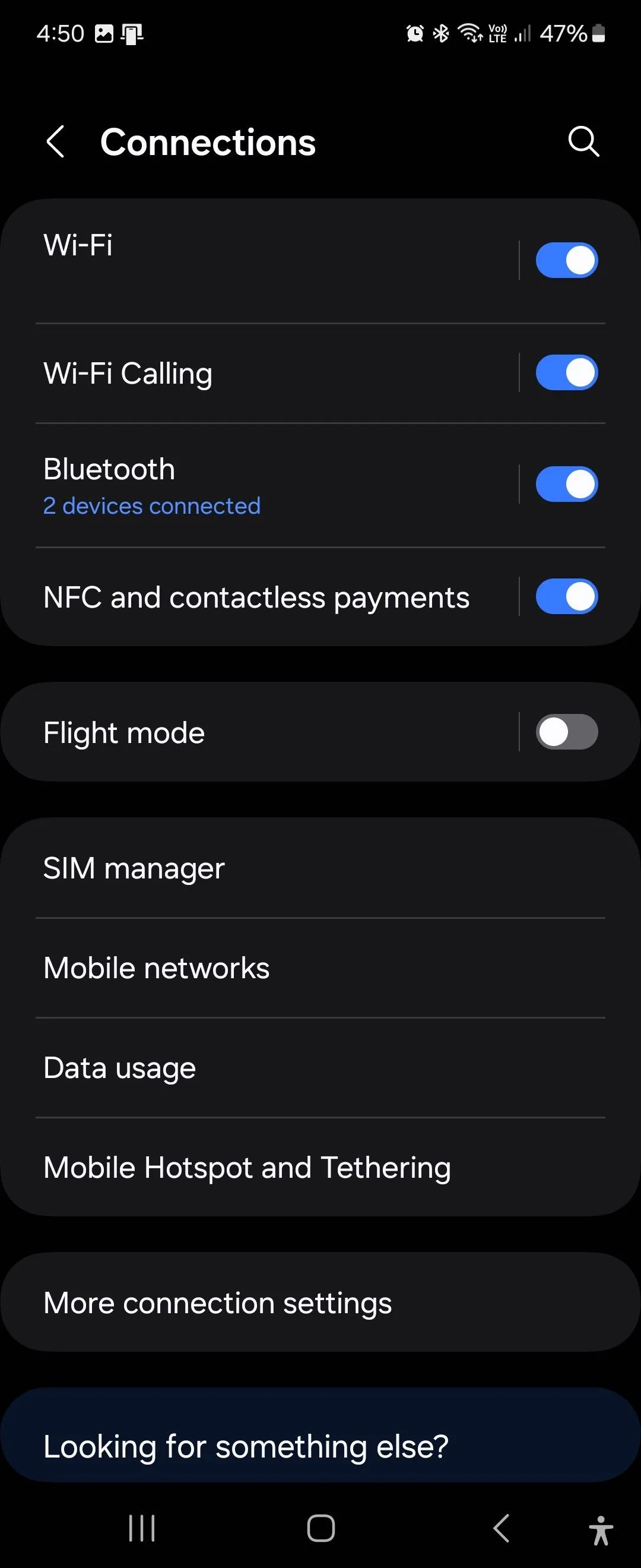 Màn hình cài đặt kết nối (Connections) trên One UI 6.12, hiển thị các tùy chọn mạng và Wi-Fi để người dùng quản lý kết nối internet hiệu quả.
