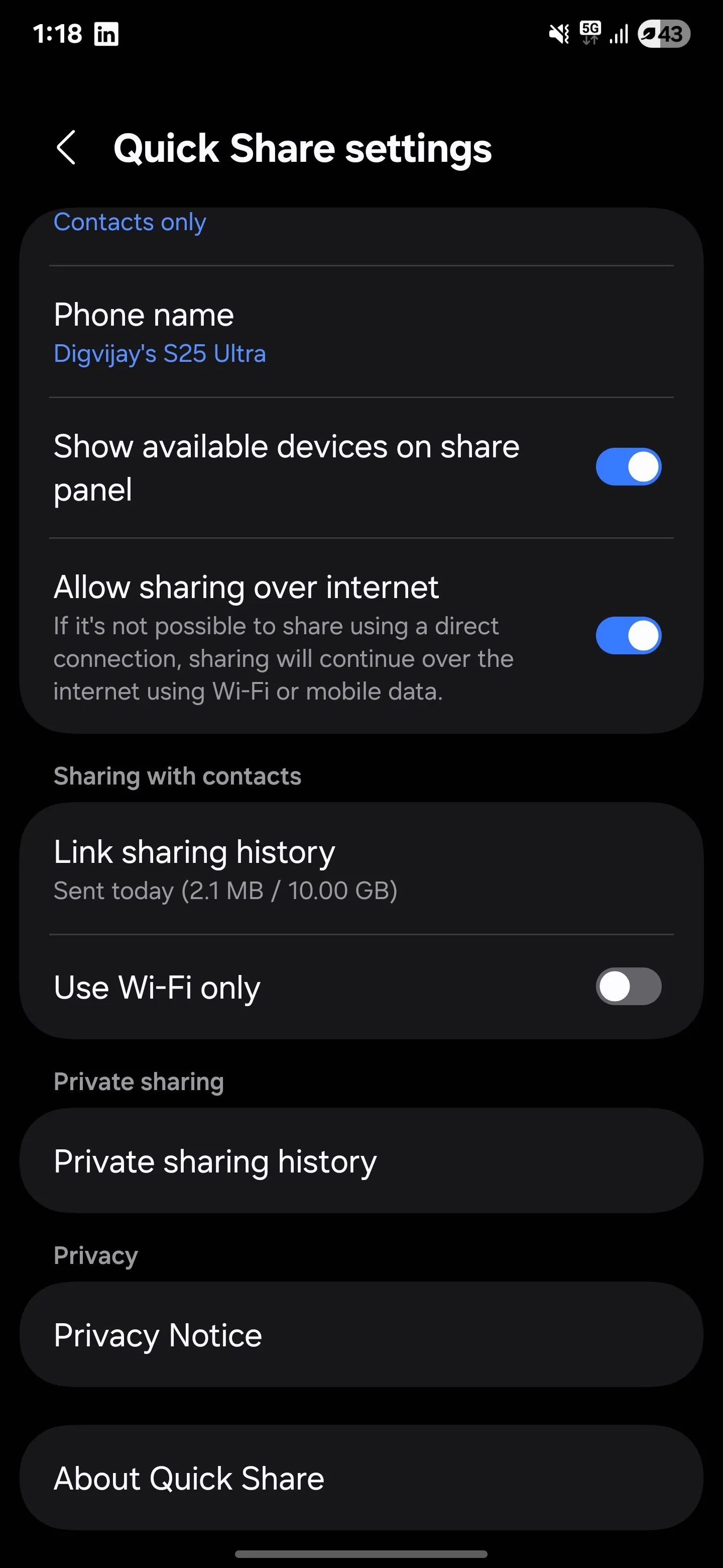 Màn hình cài đặt Quick Share trên điện thoại Samsung, hiển thị các tùy chọn chia sẻ file nhanh chóng và linh hoạt.