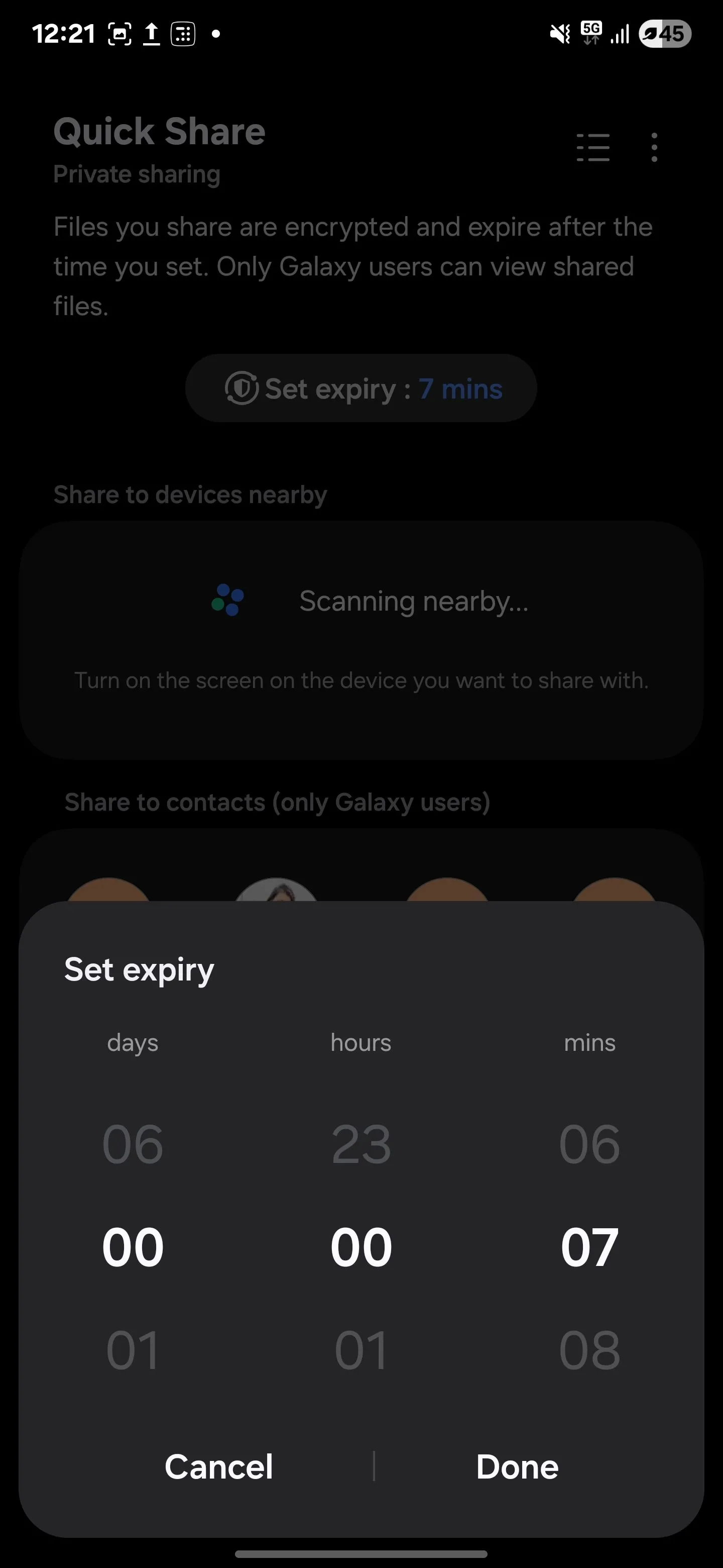 Màn hình cài đặt thời gian hết hạn cho file chia sẻ trong Private Sharing của Samsung, giúp kiểm soát quyền truy cập dữ liệu.