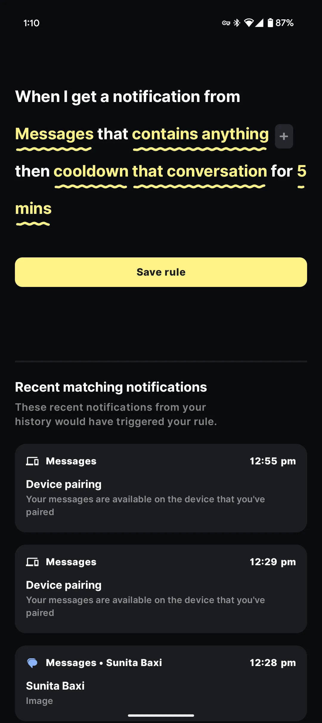 Màn hình tạo quy tắc mới trong ứng dụng BuzzKill trên Android