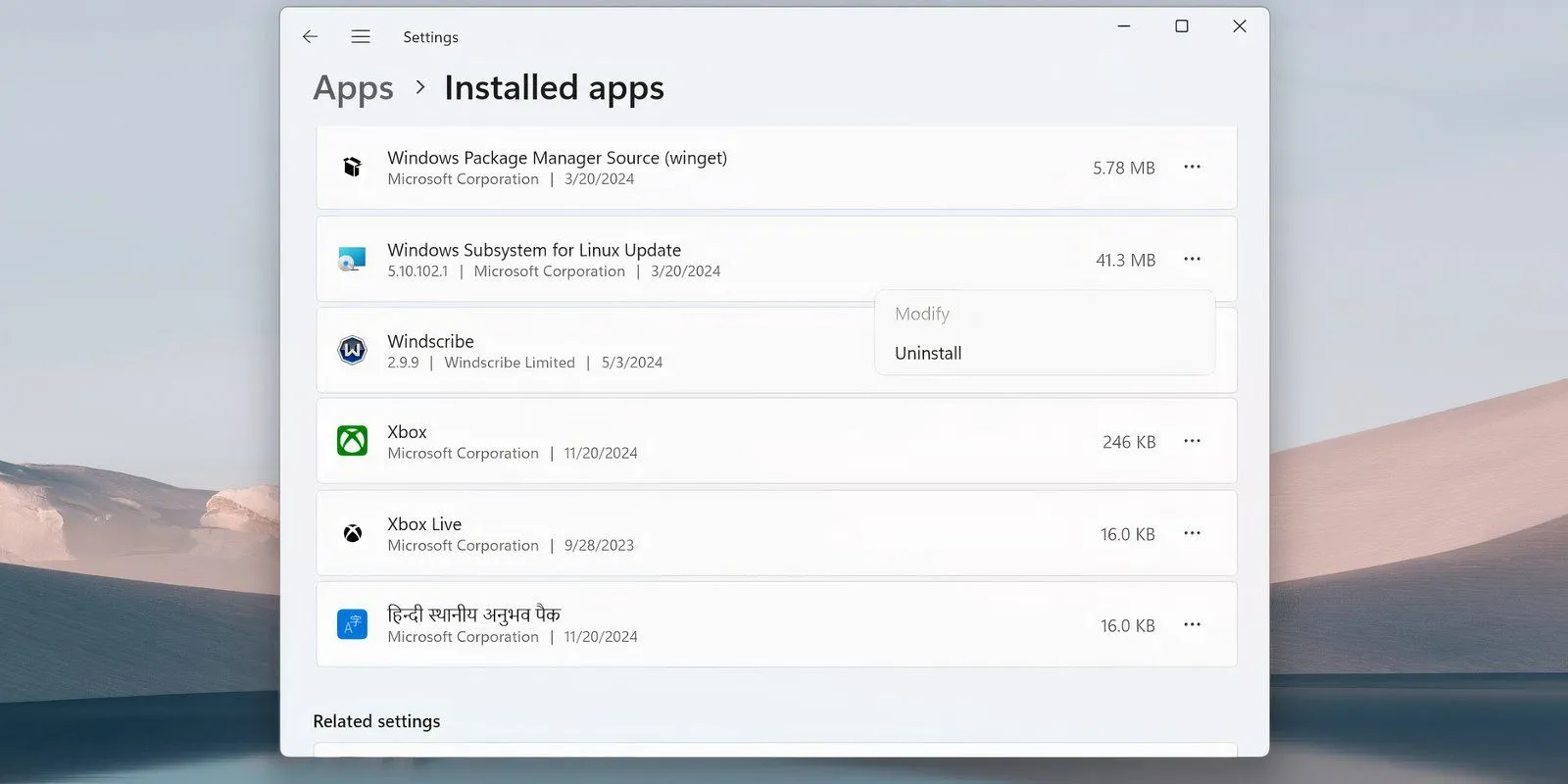 Màn hình Ứng dụng đã cài đặt hiển thị nút gỡ cài đặt cho Windows Subsystem for Linux (WSL).