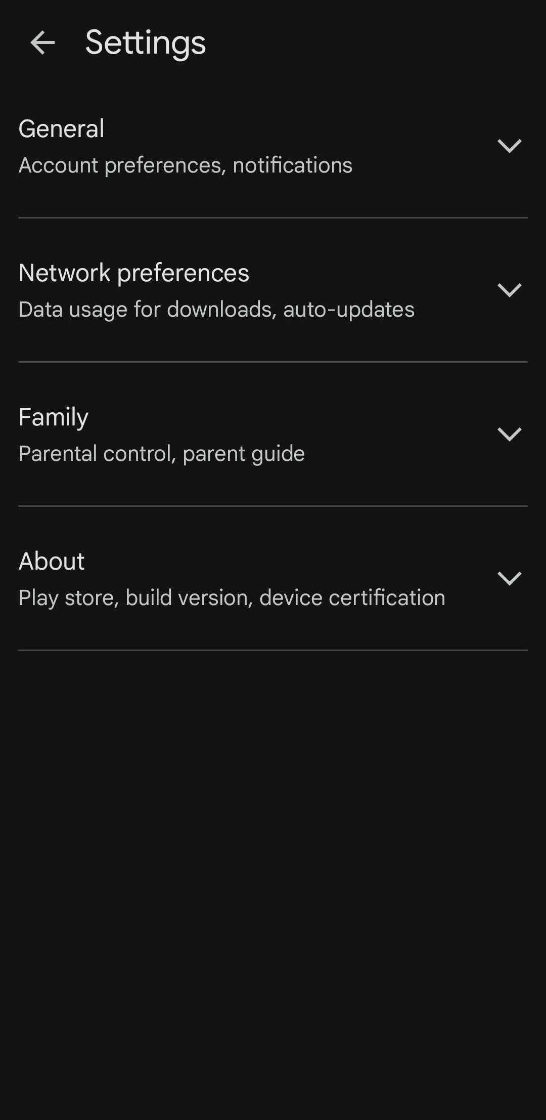 Menu cài đặt Google Play Store trên điện thoại Samsung.