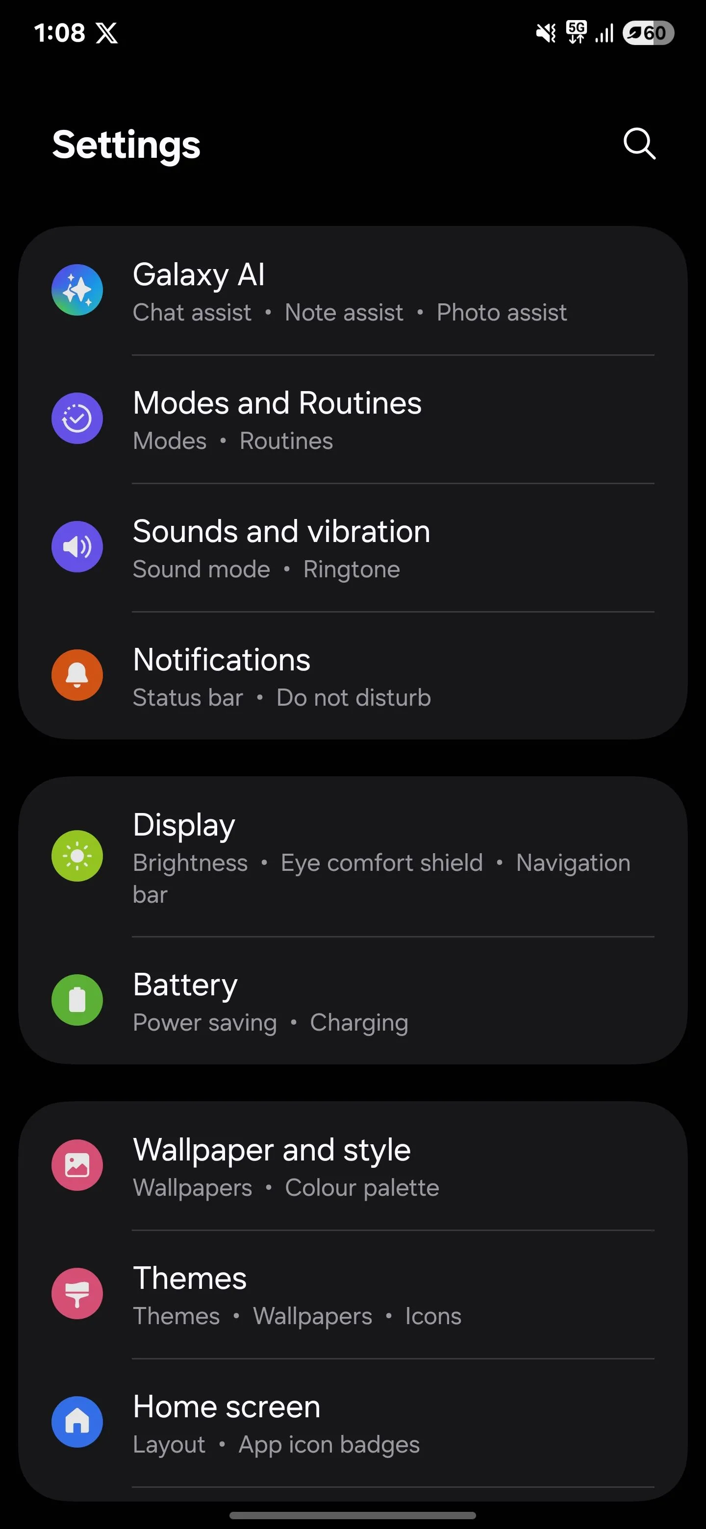 Menu cài đặt hiển thị mục Pin trên Samsung Galaxy S25 Ultra