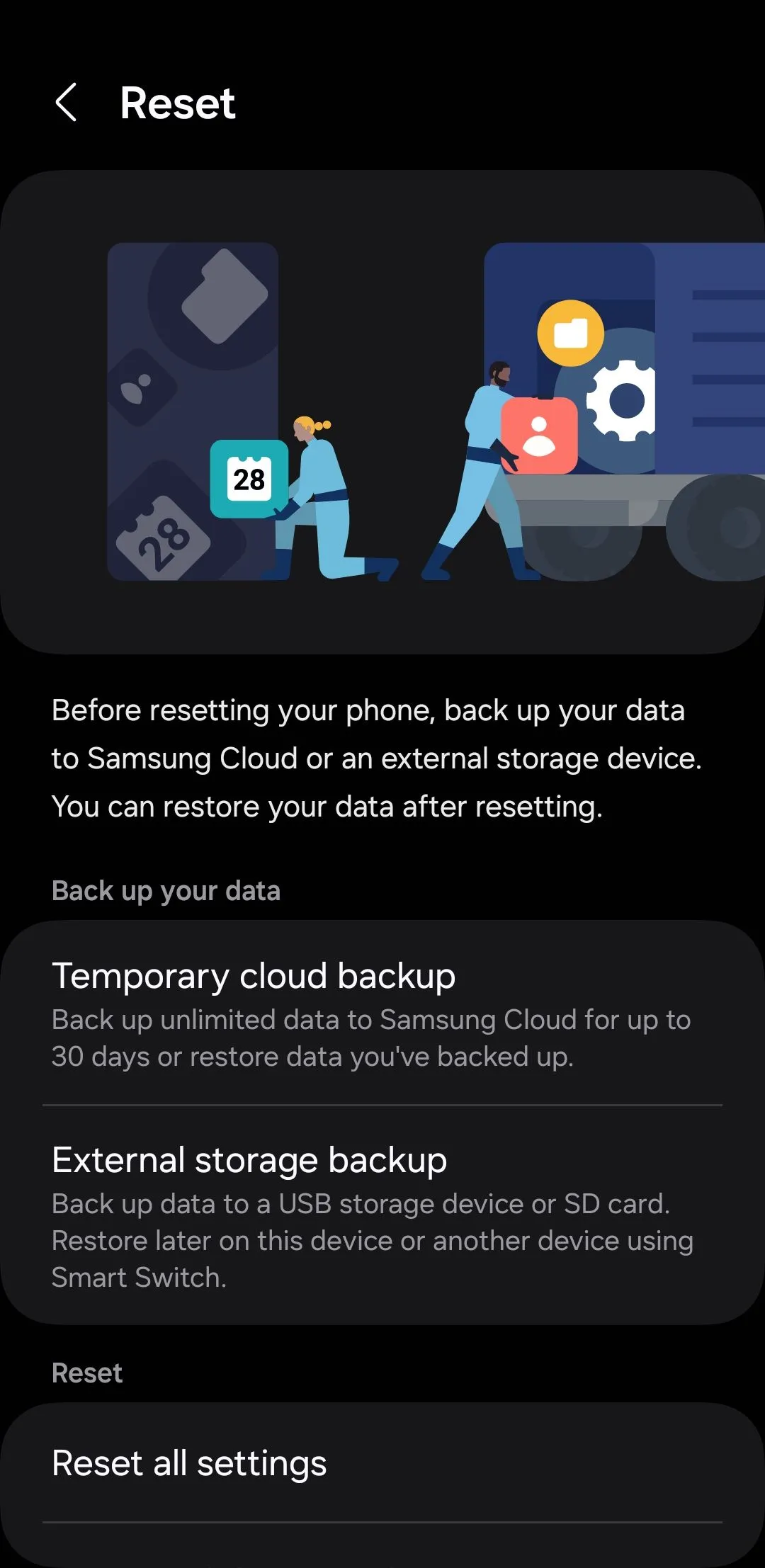 Menu 'Đặt lại' trên điện thoại Samsung để khôi phục cài đặt gốc.