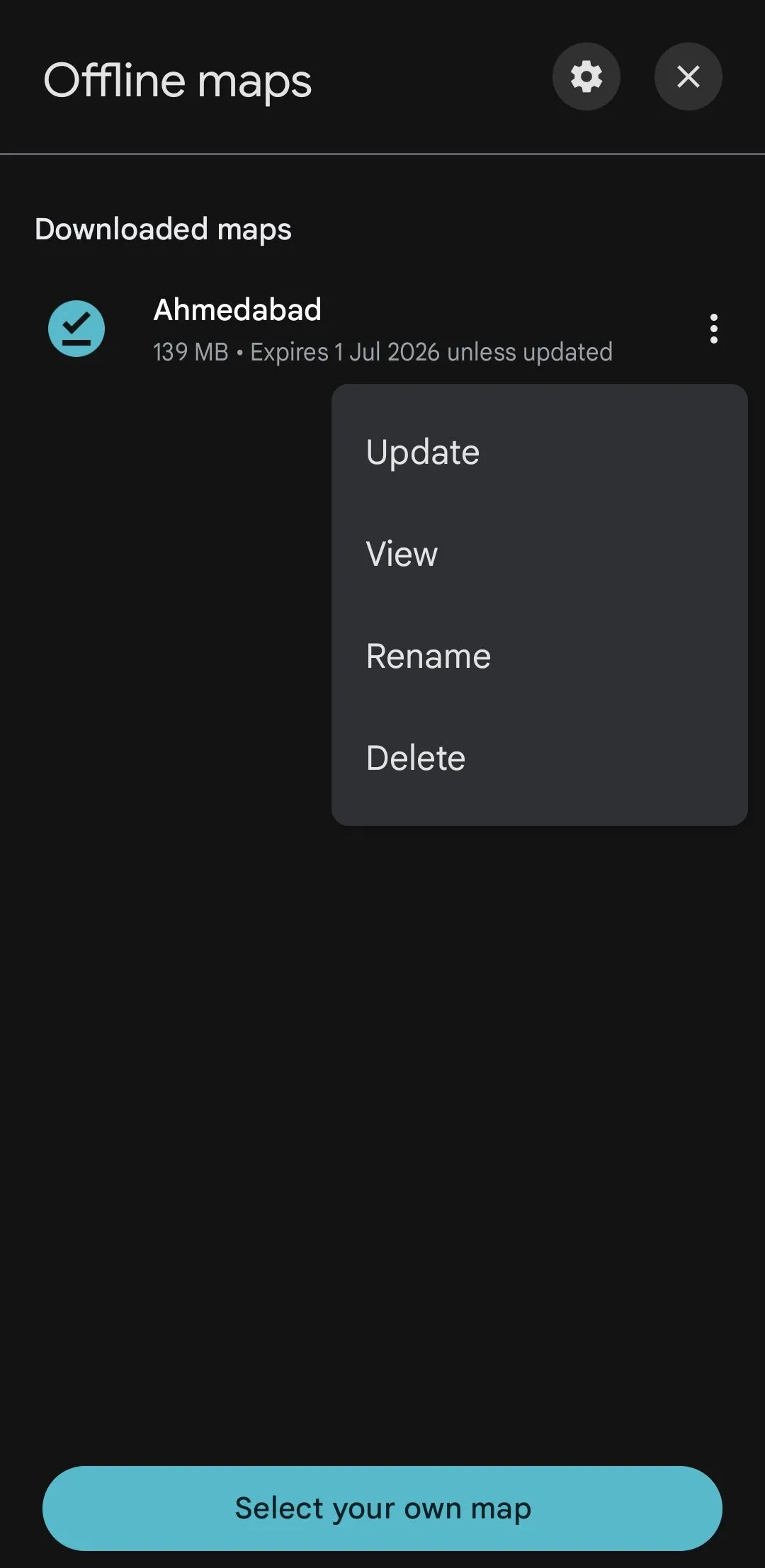 Menu quản lý bản đồ ngoại tuyến của Google Maps trên điện thoại Samsung.