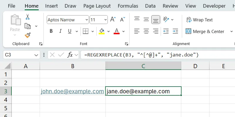Minh họa hàm REGEXREPLACE thay thế phần username của email trong Excel