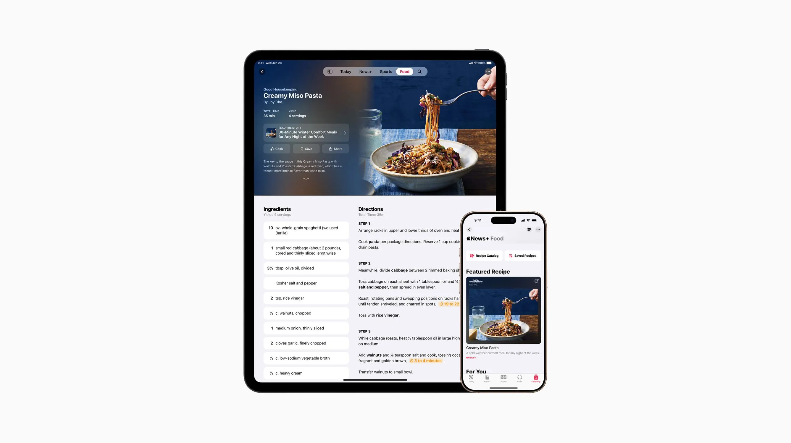 Thiết bị Apple hiển thị giao diện dịch vụ News+ Food mới với các công thức nấu ăn đa dạng