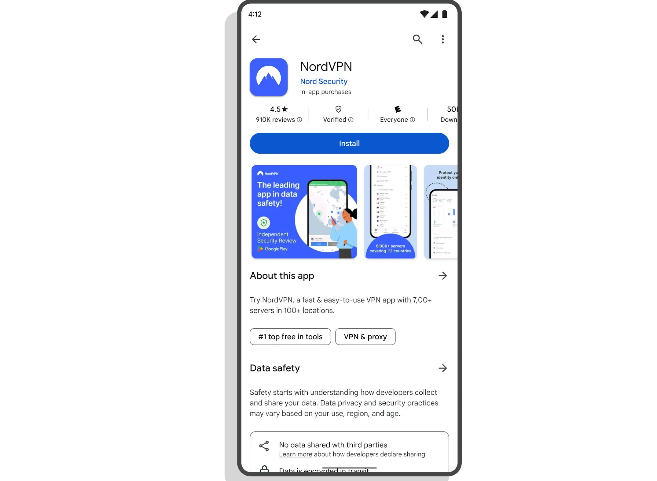 Trang thông tin chi tiết ứng dụng VPN có Dấu xác minh trên Google Play Store, minh họa cách nhận diện ứng dụng VPN đáng tin cậy.