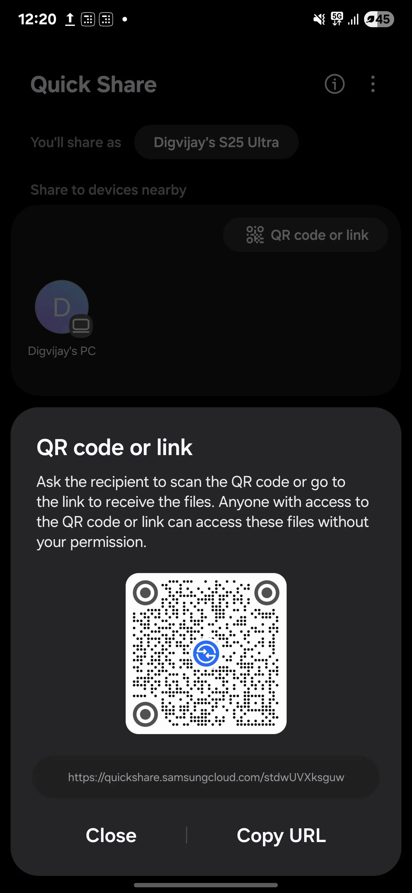Tùy chọn tạo liên kết hoặc mã QR để chia sẻ file qua Quick Share, hỗ trợ gửi dữ liệu đến nhiều nền tảng khác nhau.