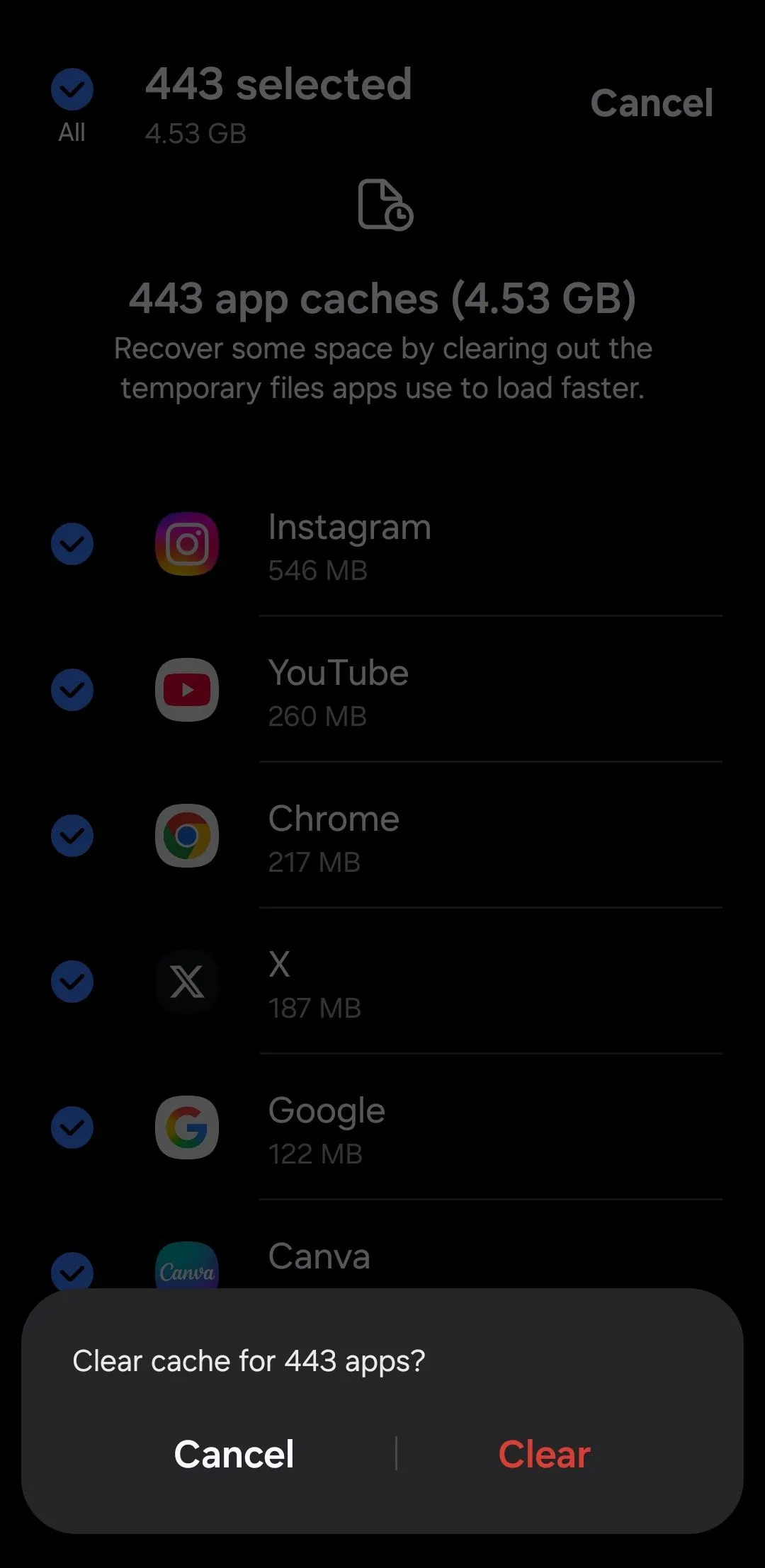 Tùy chọn xóa tất cả bộ nhớ đệm ứng dụng để tối ưu dung lượng lưu trữ Samsung.