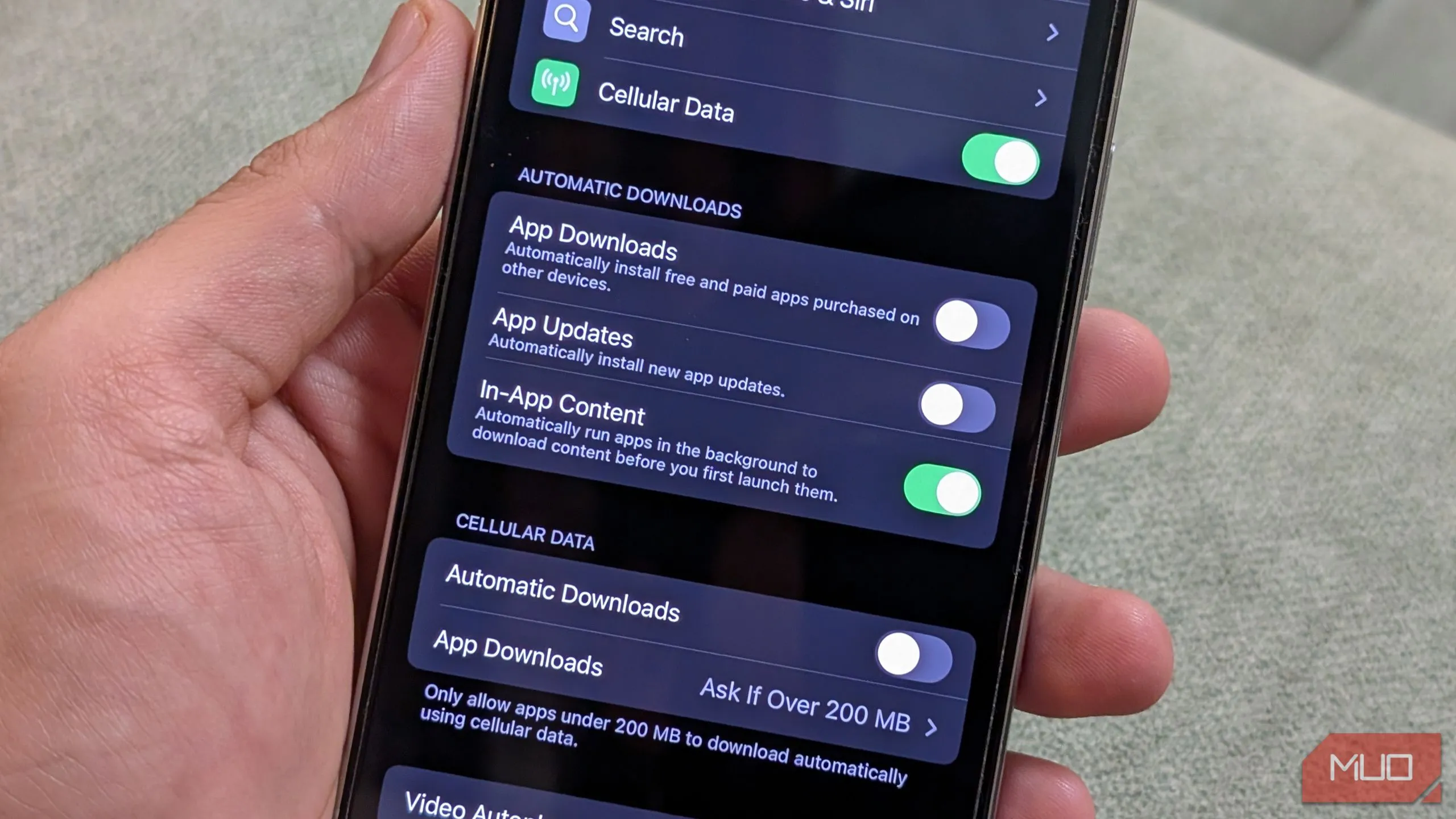 Ảnh chụp màn hình cài đặt App Store trên iPhone, cho phép tắt tự động tải về ứng dụng và cập nhật qua dữ liệu di động.