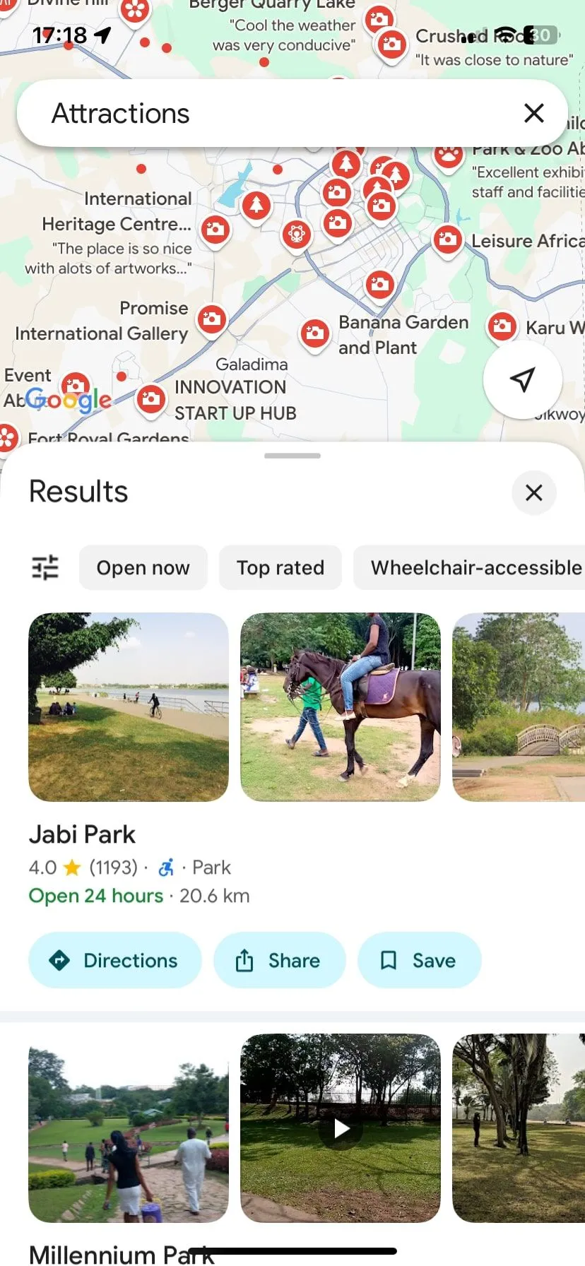 Bản đồ Google Maps hiển thị các điểm tham quan tại Abuja, minh họa tính năng tìm kiếm và định vị.