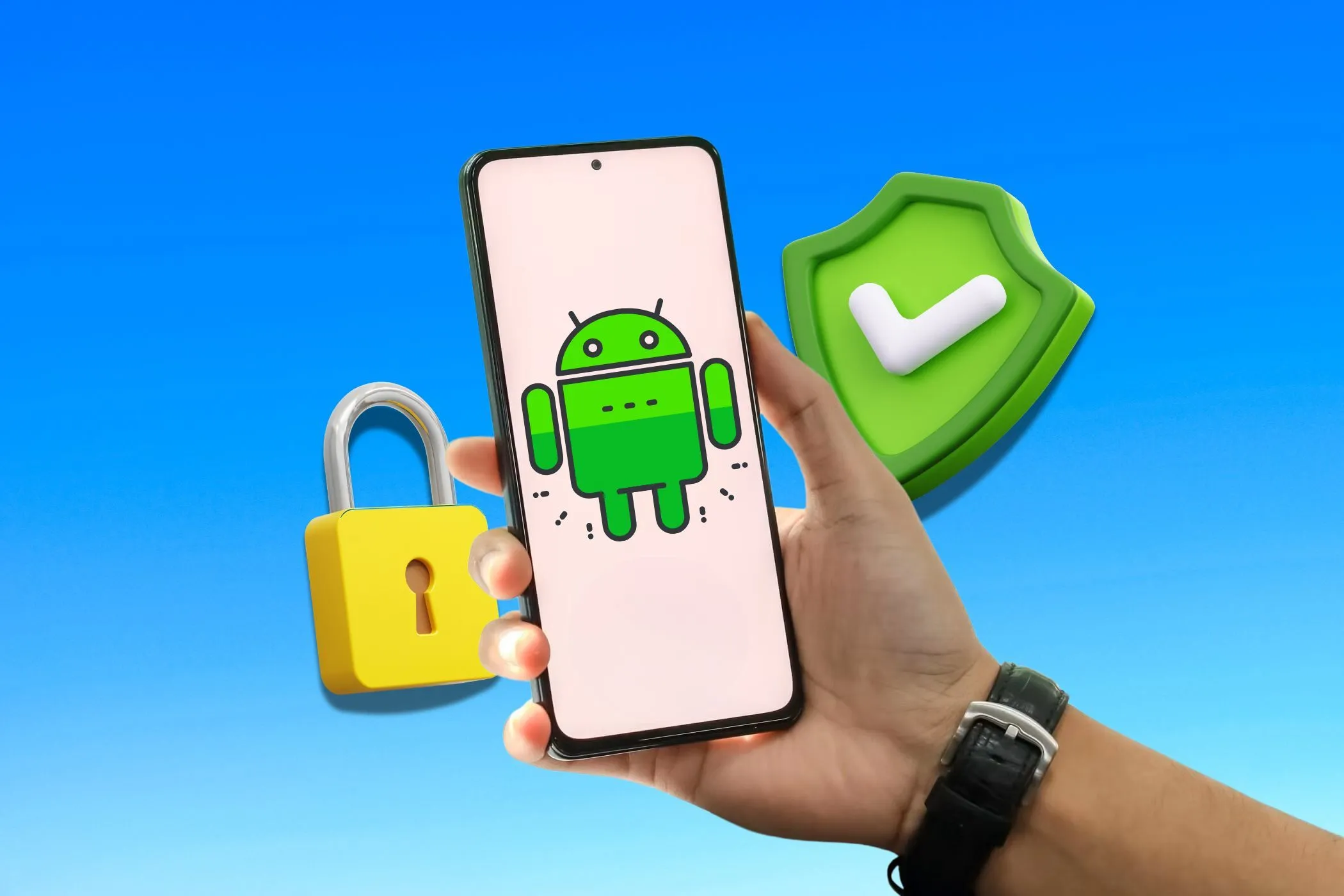 Bàn tay cầm điện thoại Android với biểu tượng khóa và bảo mật minh họa tính năng an toàn