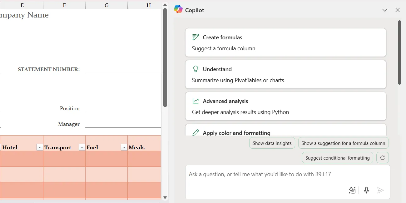 Bảng điều khiển Copilot tích hợp trong giao diện Excel, hỗ trợ người dùng phân tích dữ liệu.