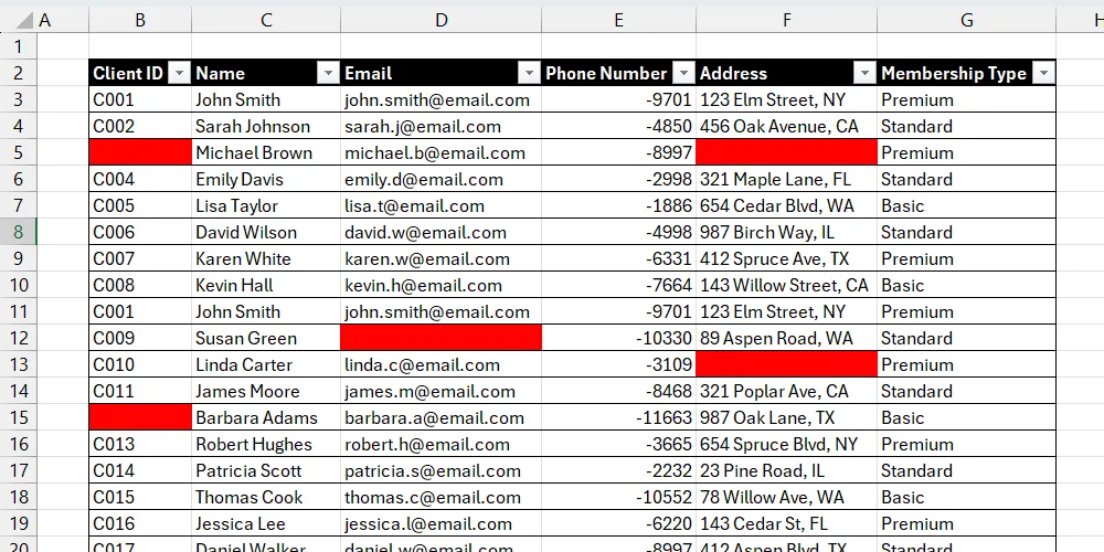 Bảng dữ liệu Excel đã tô sáng các ô trống giúp dễ dàng nhận biết dữ liệu cần nhập