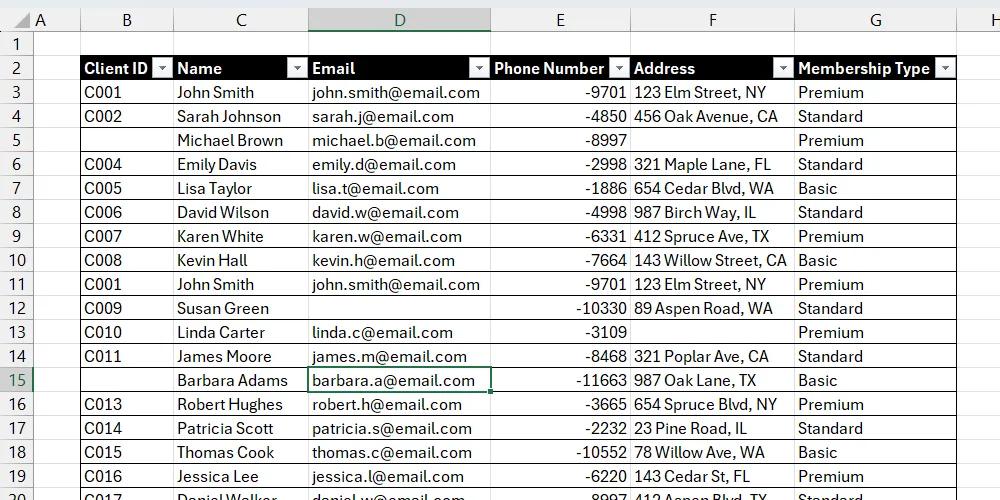 Bảng dữ liệu Excel hiển thị các ô trống trước khi áp dụng Conditional Formatting