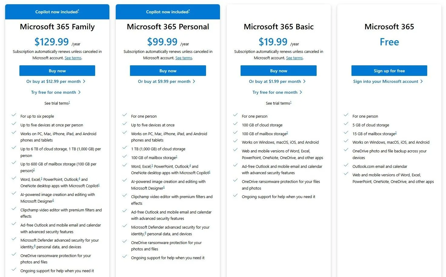 Bảng giá các gói đăng ký Microsoft 365 cá nhân và gia đình kèm dung lượng OneDrive 1TB