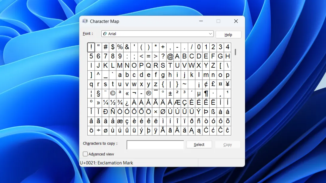 Bảng Ký tự (Character Map) trong Windows 11 hiển thị các ký tự đặc biệt có thể sao chép và dán